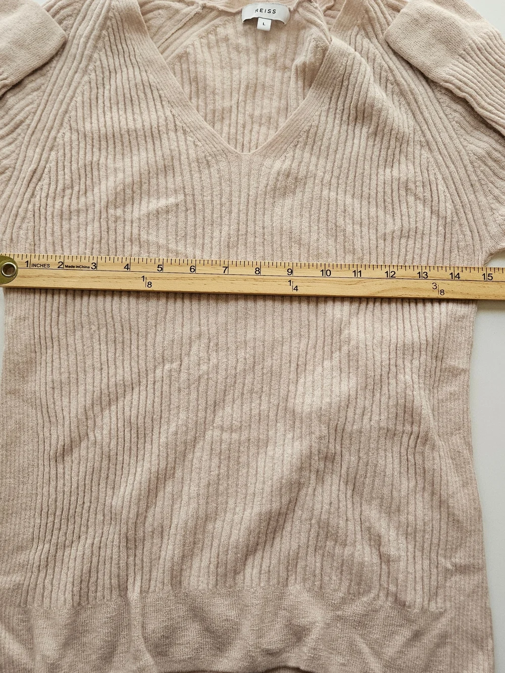 Reiss Ribbed V-Neck Sweater Womens L Beige Wool Alpaca Blend Minimalist Office